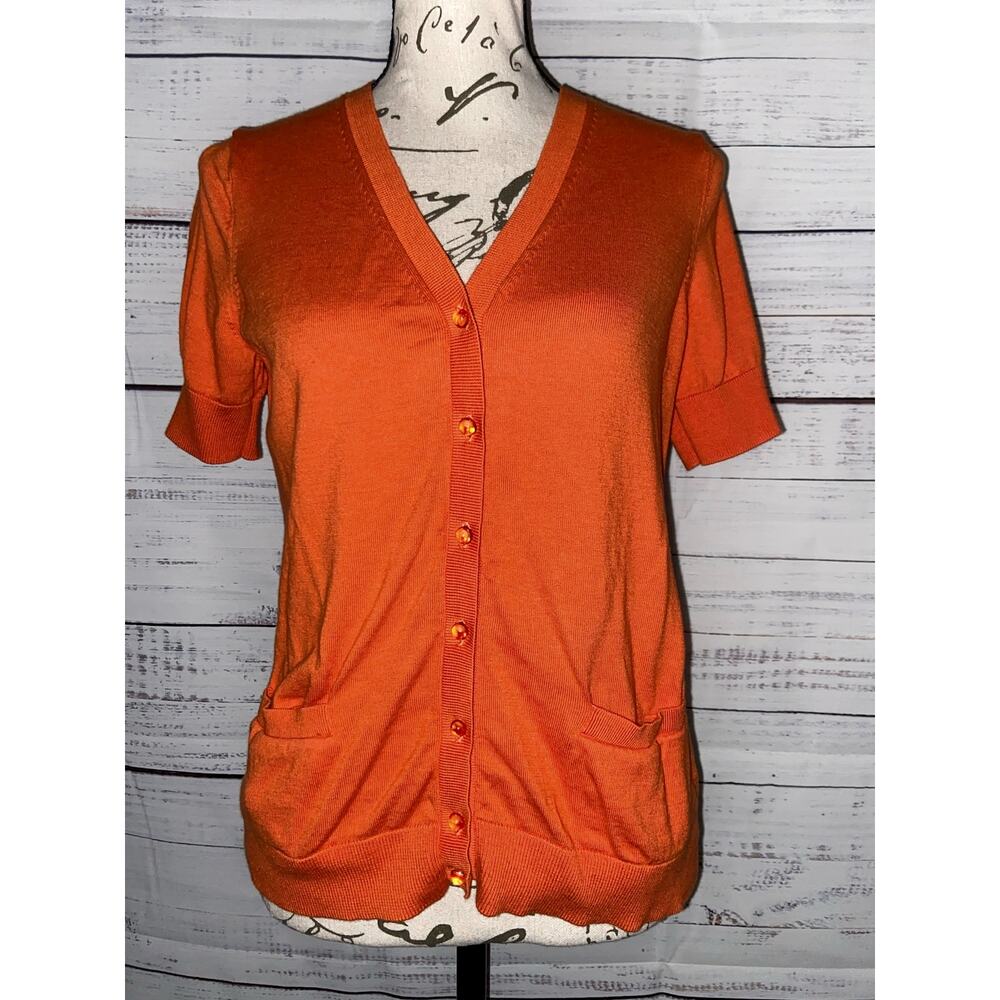 Talbots Cardigan Sweater Womens Mp Short Sleeves Orange Pockets Button Front